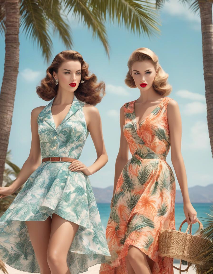  two girls in fashionable summer dresses ping up against the backdrop of the sea and palm trees, advertising a fashion magazine of the 50s hyperrealistic, full body, detailed clothing, highly detailed, cinematic lighting, stunningly beautiful, intricate, sharp focus, f/1. 8, 85mm, (centered image composition), (professionally color graded), ((bright soft diffused light)), volumetric fog, trending on instagram, trending on tumblr, HDR 4K, 8K