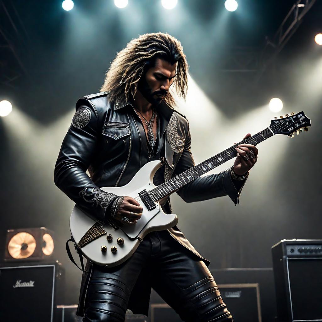  Rumî playing electric guitar in a heavy metal band hyperrealistic, full body, detailed clothing, highly detailed, cinematic lighting, stunningly beautiful, intricate, sharp focus, f/1. 8, 85mm, (centered image composition), (professionally color graded), ((bright soft diffused light)), volumetric fog, trending on instagram, trending on tumblr, HDR 4K, 8K