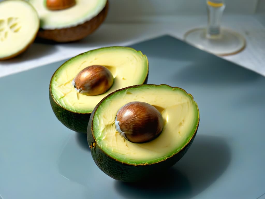  A closeup, ultradetailed image of a ripe avocado cut in half, showcasing its creamy texture and vibrant green color, with droplets of healthy fats glistening on the surface. The intricate details of the avocado's skin and the perfectly arranged seed in the center create a visually striking and minimalist composition that conveys the essence of selecting healthy fats for desserts. hyperrealistic, full body, detailed clothing, highly detailed, cinematic lighting, stunningly beautiful, intricate, sharp focus, f/1. 8, 85mm, (centered image composition), (professionally color graded), ((bright soft diffused light)), volumetric fog, trending on instagram, trending on tumblr, HDR 4K, 8K