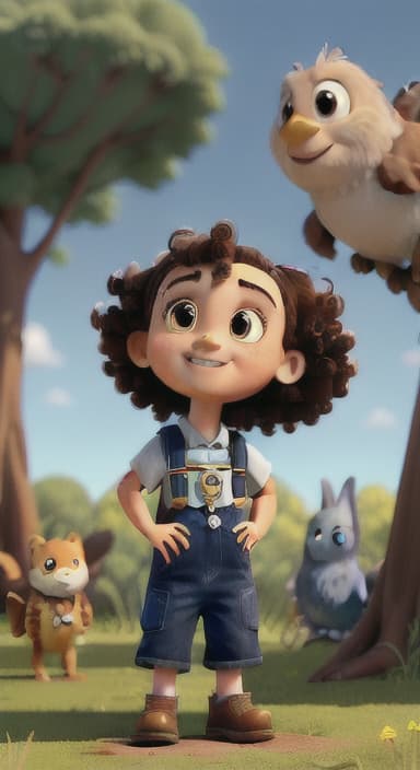  {Riley looking up at the tree with a big smile, animals surrounding them., Riley, a curious with big brown eyes and curly hair, wearing overalls and carrying a small backpack. Their friend, Skye, a bluebird with shiny feathers.