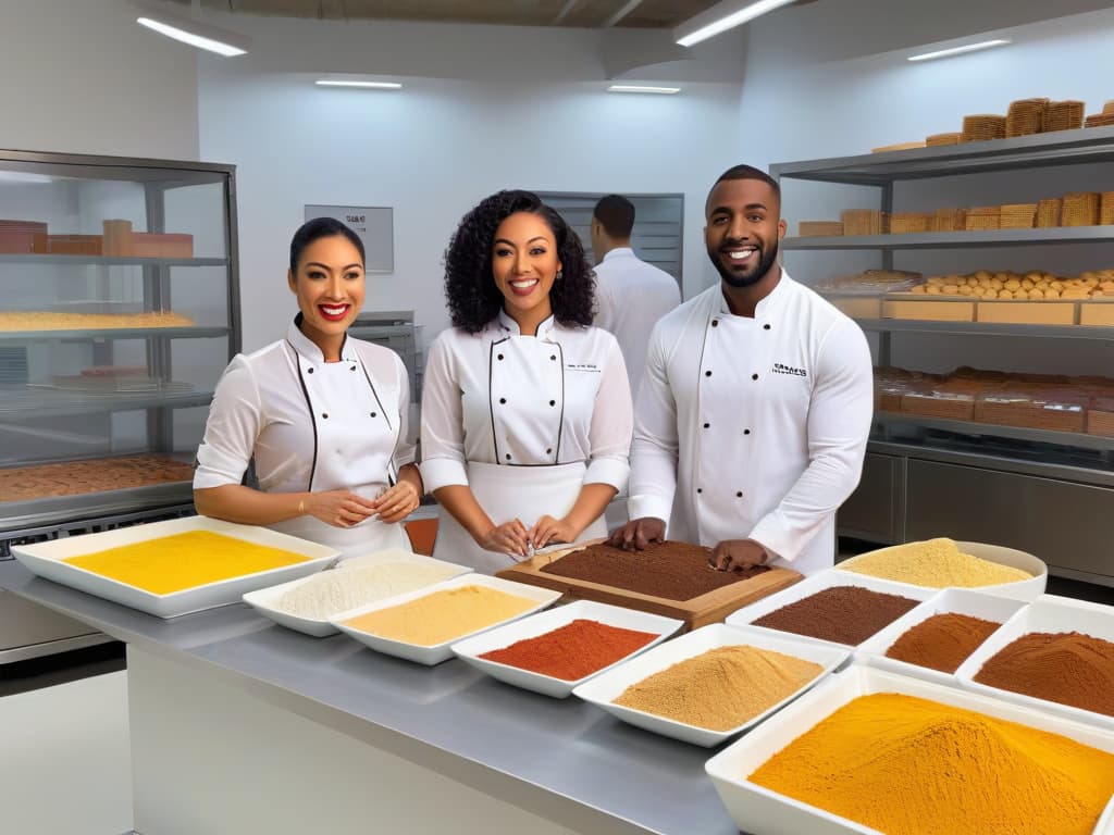  An ultradetailed image of a diverse group of aspiring entrepreneurs in a modern workshop setting, surrounded by colorful baking ingredients and tools. Each individual is fully engaged in the learning process, with expressions of focus and determination. The image captures the essence of creativity, collaboration, and innovation, reflecting the spirit of entrepreneurship in the sweet treats industry. hyperrealistic, full body, detailed clothing, highly detailed, cinematic lighting, stunningly beautiful, intricate, sharp focus, f/1. 8, 85mm, (centered image composition), (professionally color graded), ((bright soft diffused light)), volumetric fog, trending on instagram, trending on tumblr, HDR 4K, 8K