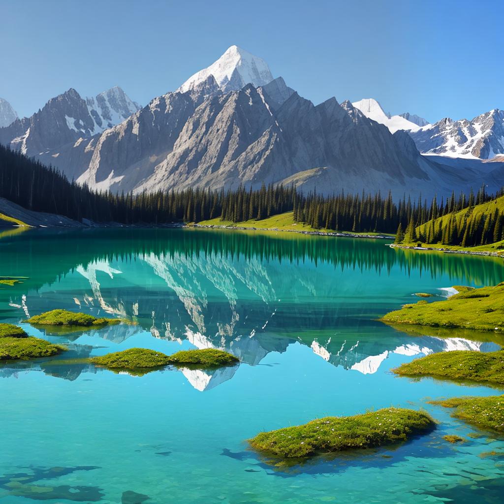  in abstract art style, Convey the serene majesty of towering mountains reflected in the crystal-clear waters of a tranquil alpine lake, using your unique artistic vision to evoke a sense of awe and tranquility.