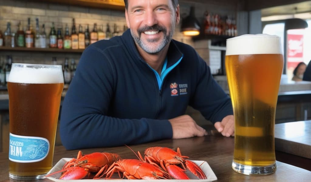  raw, analog style, a candid, 1. Bar beer with crayfish 2. Come to the bar, drink beer, eat crayfish, have fun 3. Local workers, home, instagram photo