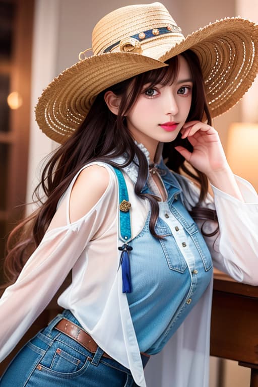  (:1.4), Cow , long wavy , wild west, cowboy hat, western town, jeans, masterpiece, (detailed face), (detailed clothes), f/1.4, ISO 200, 1/160s, 4K, unedited, symmetrical balance, in-frame, masterpiece, perfect lighting, (beautiful face), (detailed face), (detailed clothes), 1 , (woman), 4K, ultrarealistic, unedited, symmetrical balance, in-frame