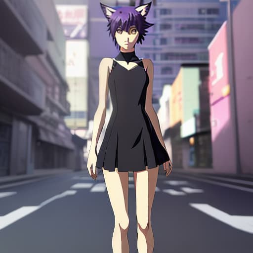  Makoto Shinkai style. semi - realistic anime style. Asian. looking at viewer. solo. fashion. soft shadows. modern. cute girl. character design. purple hair. full body. animal ears. uhd. high details.