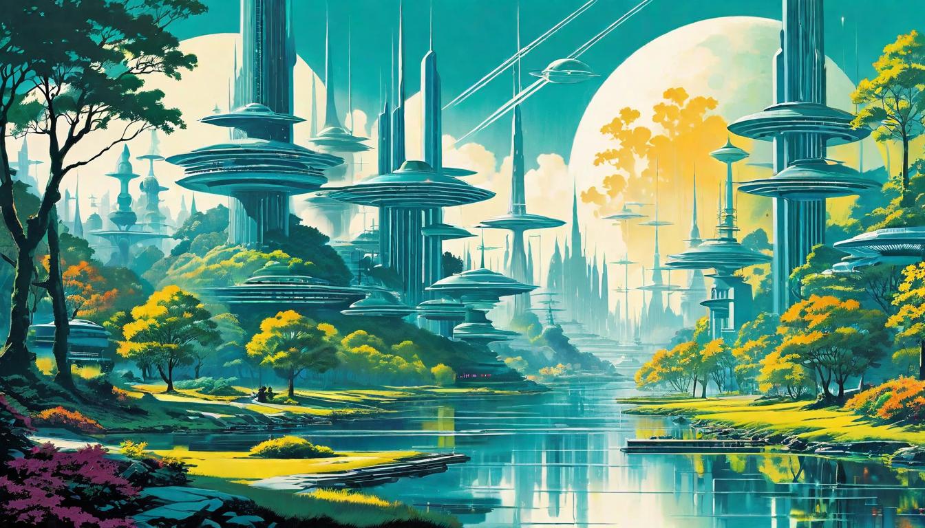  retro futuristic A serene grove with a clear stream cutting through, reflections showing a blended scene of past and present cities, legacy of healing, bridged epochs, tranquil continuity lvintage sci fi, 50s and 60s style, atomic age, vibrant, highly detailed