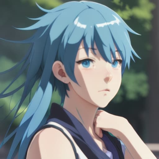  masterpiece. blurry background. loocing at viewers. 1girl. blue hair. Makoto Shinkai style. bangs. vibrant colors. 8K. high details. in the style skin of furry art. Ferrania p30. blue eyes. full body