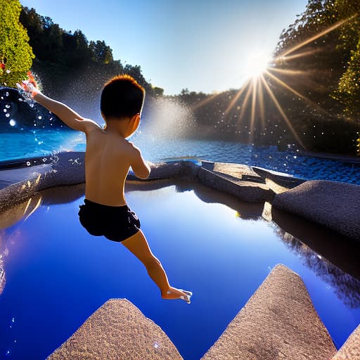 mdjrny-v4 style A young Asian boy with tousled black hair is enthusiastically diving into a crystal-clear pool, his slender body slicing through the water into a perfect arc. The radiant sunlight dances on the shimmering surface as droplets gracefully spray into the air, capturing his pure joy and blissful expression.