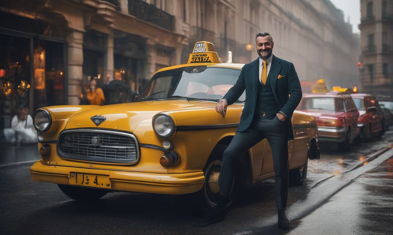  A taxi driver with European features is smiling at a distance. hyperrealistic, full body, detailed clothing, highly detailed, cinematic lighting, stunningly beautiful, intricate, sharp focus, f/1. 8, 85mm, (centered image composition), (professionally color graded), ((bright soft diffused light)), volumetric fog, trending on instagram, trending on tumblr, HDR 4K, 8K