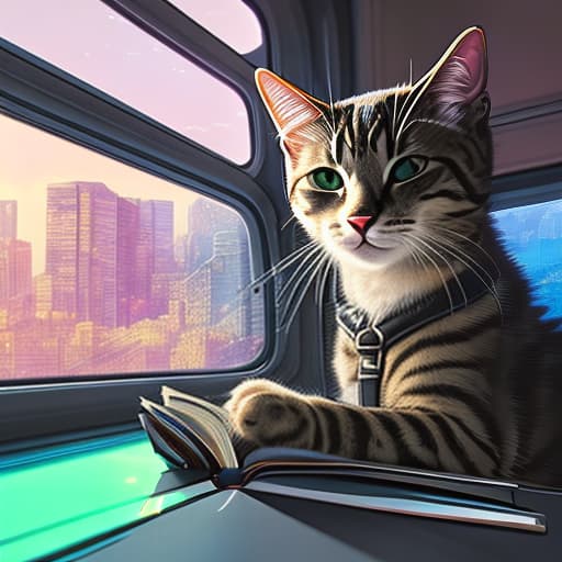 nvinkpunk Realistic image of a cat wearing headphones and reading glasses while riding a bus. hyperrealistic, full body, detailed clothing, highly detailed, cinematic lighting, stunningly beautiful, intricate, sharp focus, f/1. 8, 85mm, (centered image composition), (professionally color graded), ((bright soft diffused light)), volumetric fog, trending on instagram, trending on tumblr, HDR 4K, 8K