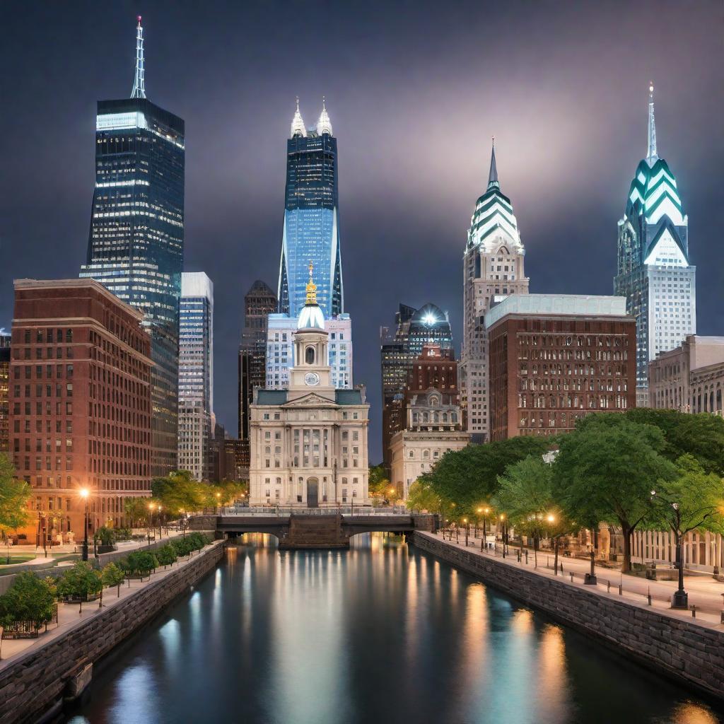  Please generate an image of the Philadelphia skyline with iconic landmarks such as the Liberty Bell and City Hall. hyperrealistic, full body, detailed clothing, highly detailed, cinematic lighting, stunningly beautiful, intricate, sharp focus, f/1. 8, 85mm, (centered image composition), (professionally color graded), ((bright soft diffused light)), volumetric fog, trending on instagram, trending on tumblr, HDR 4K, 8K