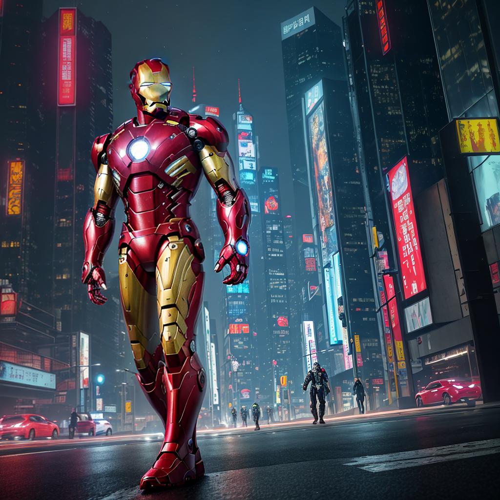  masterpiece, best quality, Best quality, masterpiece, 8k resolution, realistic, highly detailed, close up of Iron Man. In a cyberpunk-style night scene of the city, he stands on a street lined with tall buildings. The city's night lights are bright, The surrounding buildings and streets are filled with cyberpunk elements such as neon lights, high-tech devices, and futuristic architectural designs.