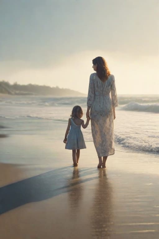  a girl and her mother are walking on the beach, cute, hyper detail, full HD hyperrealistic, full body, detailed clothing, highly detailed, cinematic lighting, stunningly beautiful, intricate, sharp focus, f/1. 8, 85mm, (centered image composition), (professionally color graded), ((bright soft diffused light)), volumetric fog, trending on instagram, trending on tumblr, HDR 4K, 8K