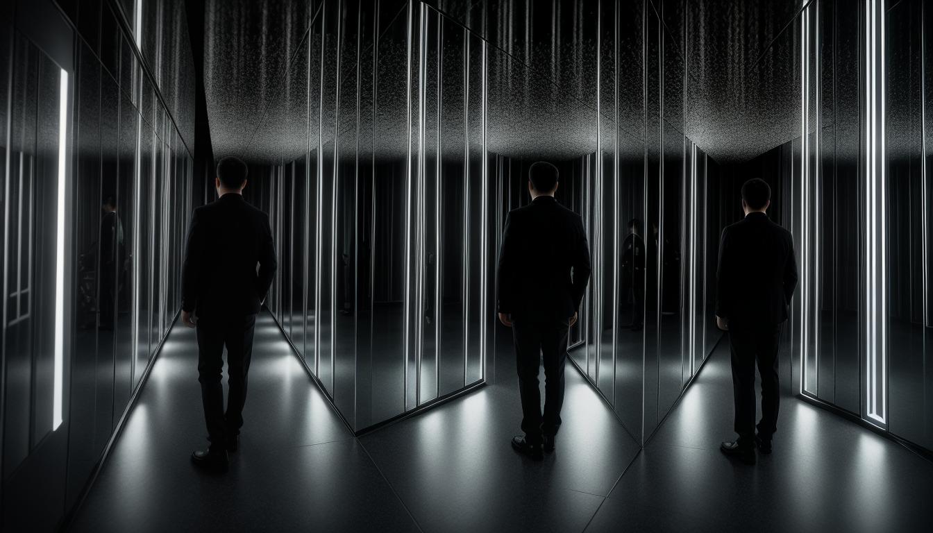  cinematic, aesthetic, a single figure standing in front of a series of mirrors, each reflecting a different aspect of their kindness, varied expressions, complex reflections, introspective, multifaceted, 4k, HDR, lens flare