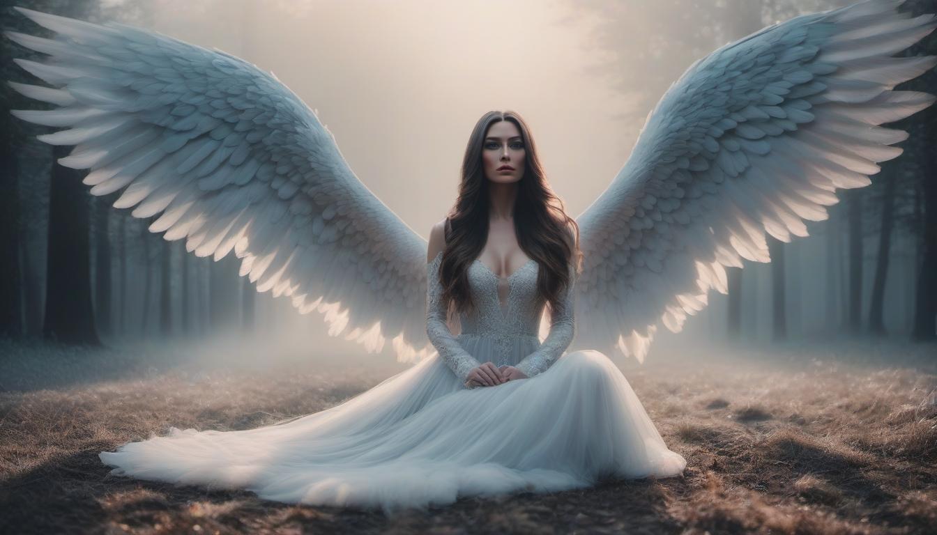  Gigantic wings lie at the feet of a long haired girl. hyperrealistic, full body, detailed clothing, highly detailed, cinematic lighting, stunningly beautiful, intricate, sharp focus, f/1. 8, 85mm, (centered image composition), (professionally color graded), ((bright soft diffused light)), volumetric fog, trending on instagram, trending on tumblr, HDR 4K, 8K