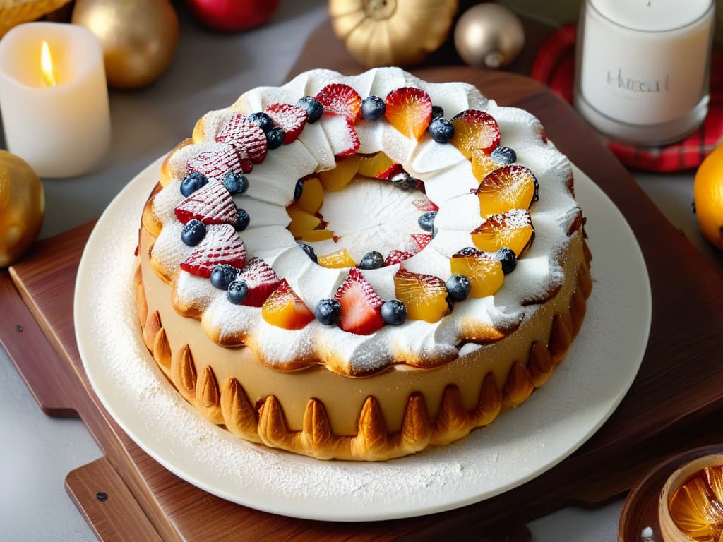  An ultradetailed closeup image of a traditional Spanish Roscón de Reyes, beautifully decorated with colorful candied fruits and a light dusting of powdered sugar, set against a simple, elegant white background. The intricate details of the golden, flaky crust and the vibrant hues of the fruit toppings are captured with stunning clarity, showcasing the artisanal craftsmanship and inviting texture of this iconic dessert. hyperrealistic, full body, detailed clothing, highly detailed, cinematic lighting, stunningly beautiful, intricate, sharp focus, f/1. 8, 85mm, (centered image composition), (professionally color graded), ((bright soft diffused light)), volumetric fog, trending on instagram, trending on tumblr, HDR 4K, 8K