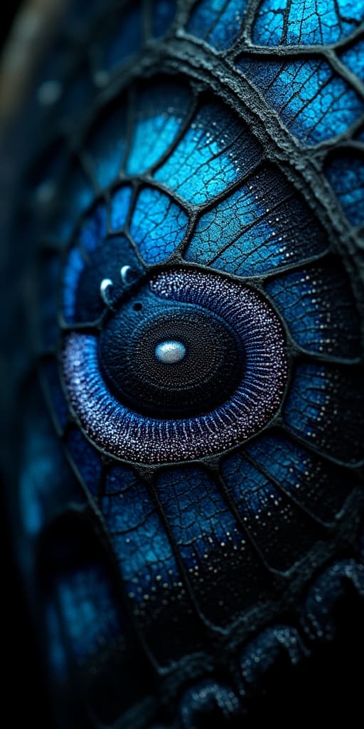  good quality, high quality, intricate close up of a butterfly wing: textured blue and black patterns with eye like markings