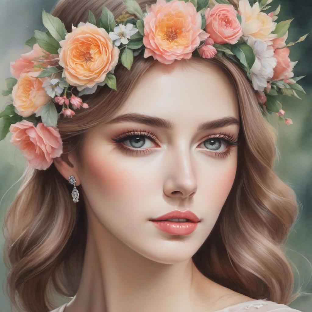  watercolor painting A watercolor painting of a young woman with a floral wreath on her head, featuring soft colors and a dreamy expression. . vibrant, beautiful, painterly, detailed, textural, artistic hyperrealistic, full body, detailed clothing, highly detailed, cinematic lighting, stunningly beautiful, intricate, sharp focus, f/1. 8, 85mm, (centered image composition), (professionally color graded), ((bright soft diffused light)), volumetric fog, trending on instagram, trending on tumblr, HDR 4K, 8K