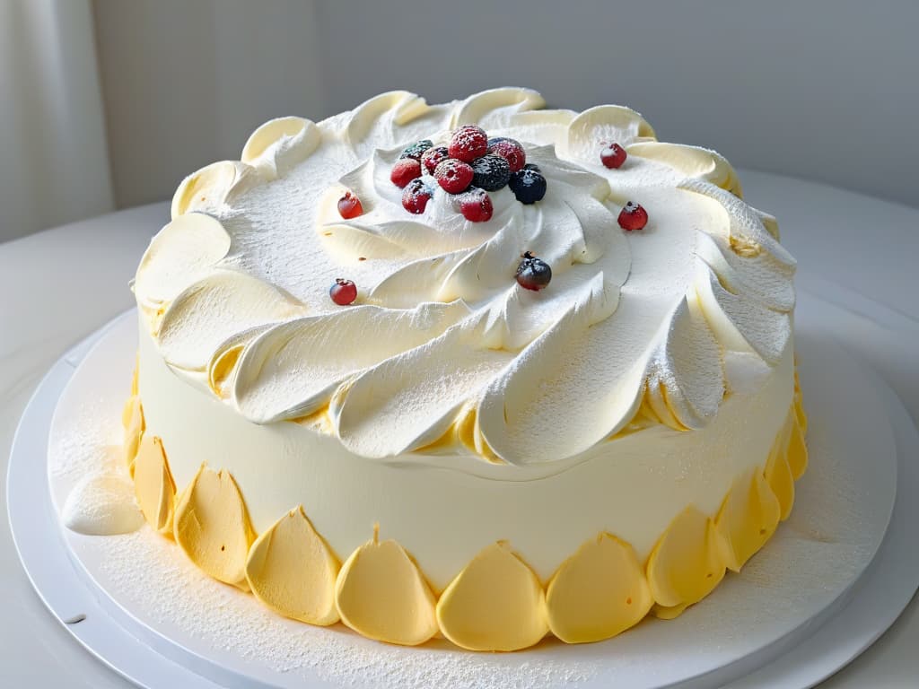  An ultradetailed closeup image of a perfectly baked Pavlova meringue base, showcasing a glossy, crisp exterior with delicate cracks revealing a marshmallowlike interior. The light hits the meringue at an angle, emphasizing its golden hue, while a subtle dusting of powdered sugar decorates the edges. The texture is so finely captured that you can almost feel the slight crunch giving way to a chewy center. hyperrealistic, full body, detailed clothing, highly detailed, cinematic lighting, stunningly beautiful, intricate, sharp focus, f/1. 8, 85mm, (centered image composition), (professionally color graded), ((bright soft diffused light)), volumetric fog, trending on instagram, trending on tumblr, HDR 4K, 8K