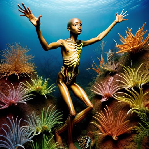  A young African woman with no clothes on holding a coloured gecko and surrounded by striped rusty metal robotic fishes from a dstopian labyrinth , stable diffusion, absolute reality v1.6, perfect symmetry, photo realistic raw, in the style of jock sturges and David hamilton and hr giger, atmospheric