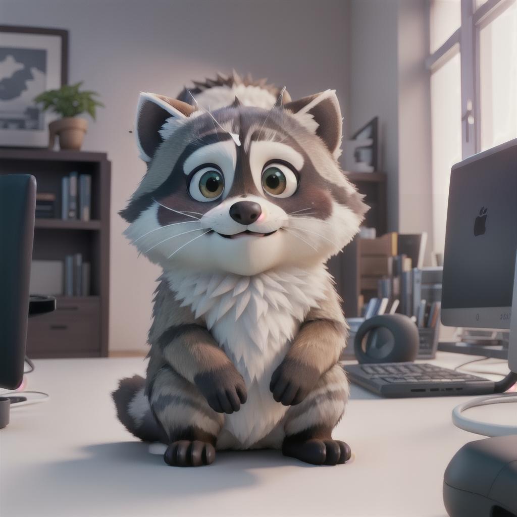  raccoon sitting in gaming chair front a computer on desktop, ((semi anthropomorphic)),(full body), tail, belly, sitting, fat, (chubby), (((white background))), solo, desktop, gaming chair, side view,  [[[clothes]]] hyperrealistic, full body, detailed clothing, highly detailed, cinematic lighting, stunningly beautiful, intricate, sharp focus, f/1. 8, 85mm, (centered image composition), (professionally color graded), ((bright soft diffused light)), volumetric fog, trending on instagram, trending on tumblr, HDR 4K, 8K