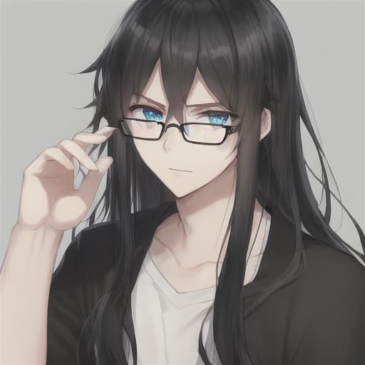  cute  boy, with semi-long black hair, blue eyes, black glasses.