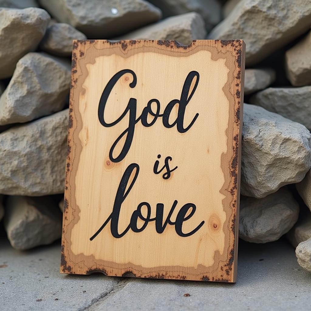  good quality, high quality, a handcrafted wooden plaque featuring the words "god is love," leaning against a stone background. focus on the text. no people.