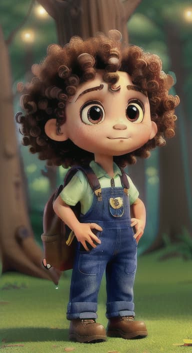  {The tree with a twinkling eye, while its leaves gently rustle., Riley, a curious with big brown eyes and curly hair, wearing overalls and carrying a small backpack. Their friend, Skye, a bluebird with shiny feathers.