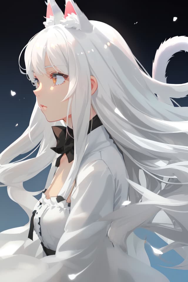  Cat ears white hair beautiful girl fleeting profile