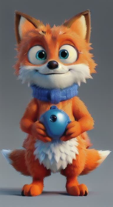  {Error the fox pressing the blue button with his paw, looking puzzled as nothing occurs., Error is a small, bright orange fox with a fluffy tail and big, inquisitive eyes. He has a mischievous yet kind expression and wears a tiny green scarf.