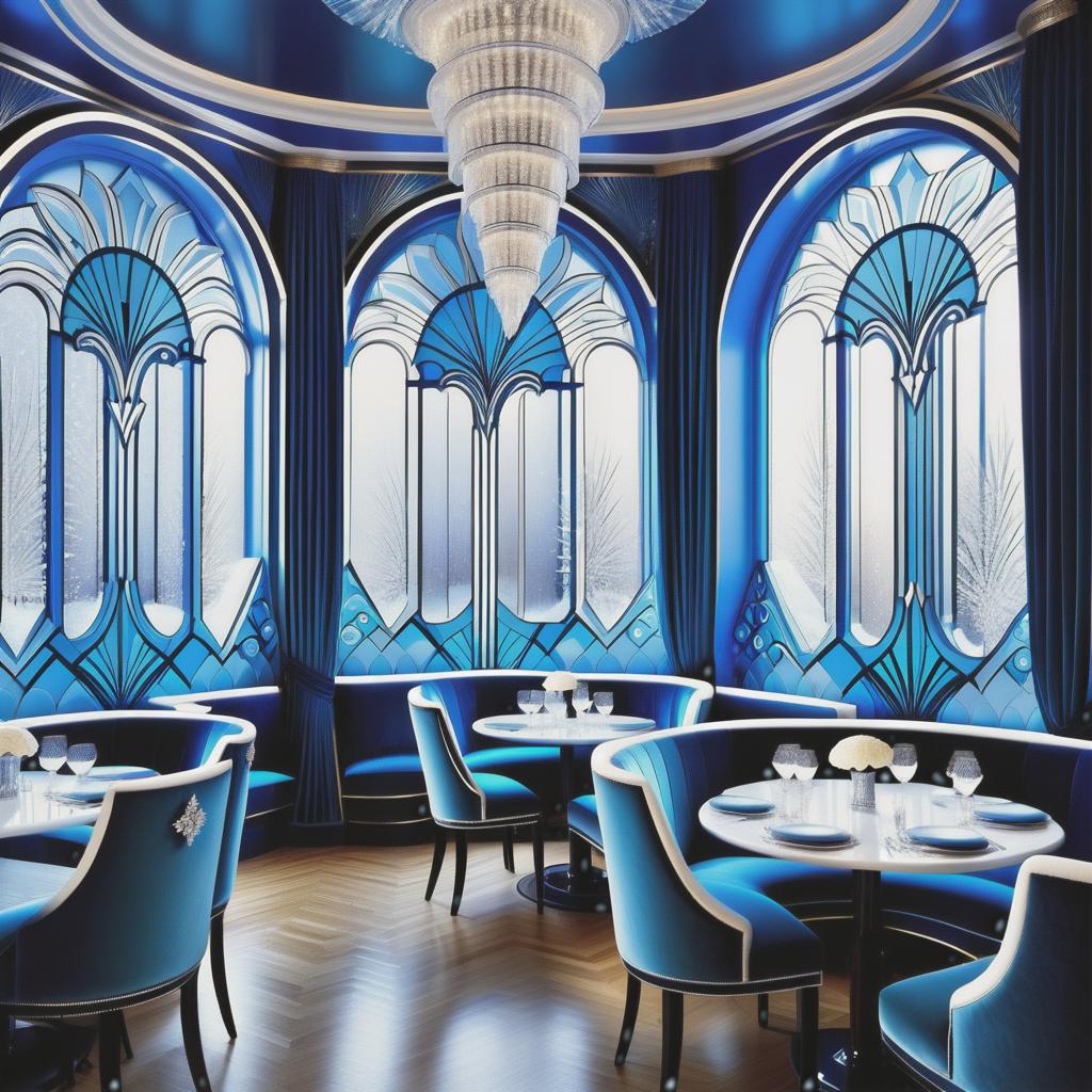  Art Deco style (Cafe interior). (Floor and walls):decorated with snowy intricate patterns of blue, white, silver snowflakes. (Furniture): elegant tables and chairs are forged from ice crystals and sparkle in the starlight. The windows are covered with openwork curtains made of frost. . geometric shapes, bold colors, luxurious, elegant, decorative, symmetrical, ornate, detailed hyperrealistic, full body, detailed clothing, highly detailed, cinematic lighting, stunningly beautiful, intricate, sharp focus, f/1. 8, 85mm, (centered image composition), (professionally color graded), ((bright soft diffused light)), volumetric fog, trending on instagram, trending on tumblr, HDR 4K, 8K