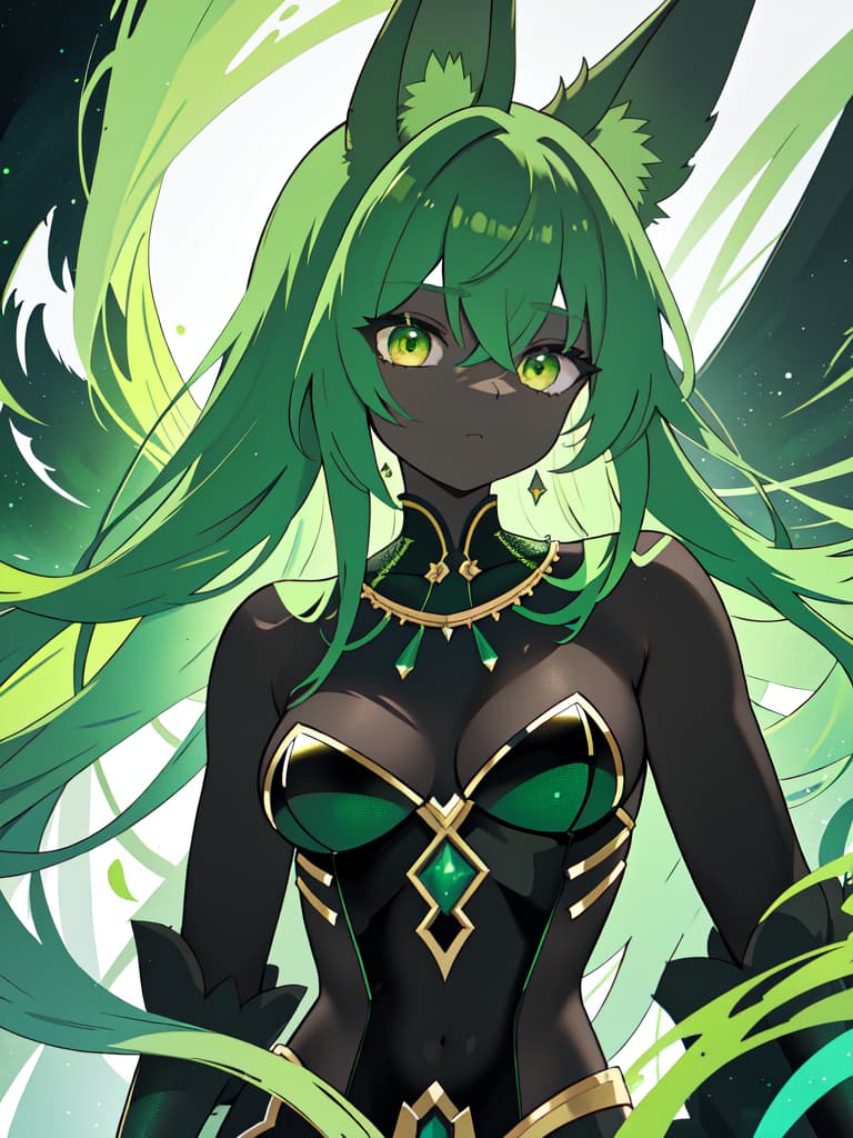  Green hair character and black Anubis, masterpiece, best quality,8k,ultra detailed,high resolution,an extremely delicate and beautiful,hyper detail