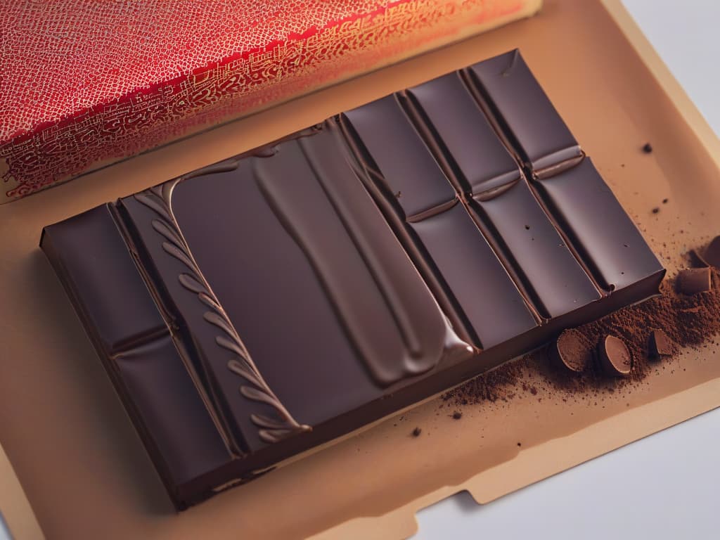  An ultradetailed 8k image of a glossy, perfectly tempered chocolate bar being delicately broken in half, revealing a smooth and shiny interior with intricate swirls and patterns. The lighting is soft, enhancing the richness of the chocolate's color and textures, creating a visually stunning and appetizing scene that captures the essence of professional chocolate craftsmanship and the impact of temperature on its texture. hyperrealistic, full body, detailed clothing, highly detailed, cinematic lighting, stunningly beautiful, intricate, sharp focus, f/1. 8, 85mm, (centered image composition), (professionally color graded), ((bright soft diffused light)), volumetric fog, trending on instagram, trending on tumblr, HDR 4K, 8K