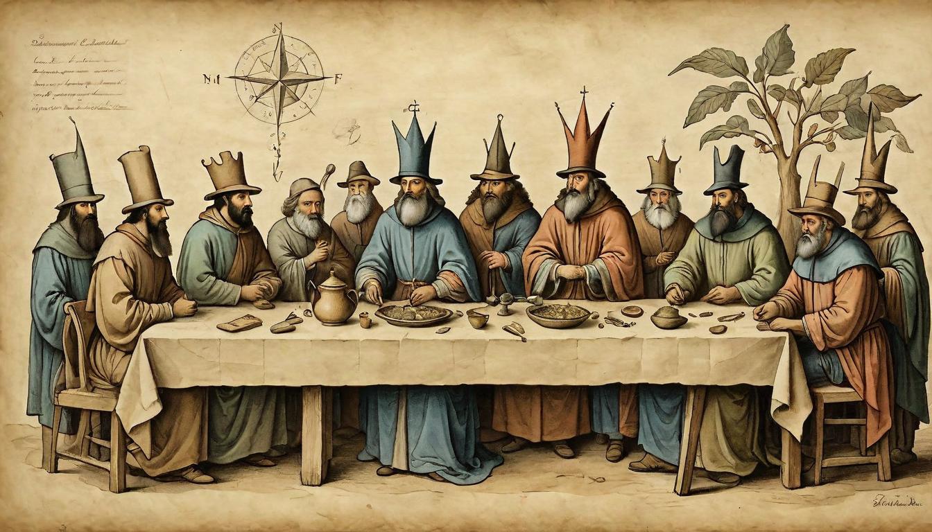  on parchment, surrealism+++, A group of figures, diverse in appearance, gather around a humble table, serving others, dedication, unity in diversity, garments of simplicity, the spirit of selflessness(mysterious, provocative, symbolic,muted color)+++