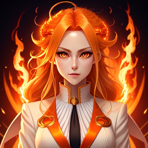  Goddess, Fire Goddess, Adult Woman, Blonde Fire Hair, Hair on Fire, Orange Eyes, White long tailcoat accented by Orange, Anime, Fantasy