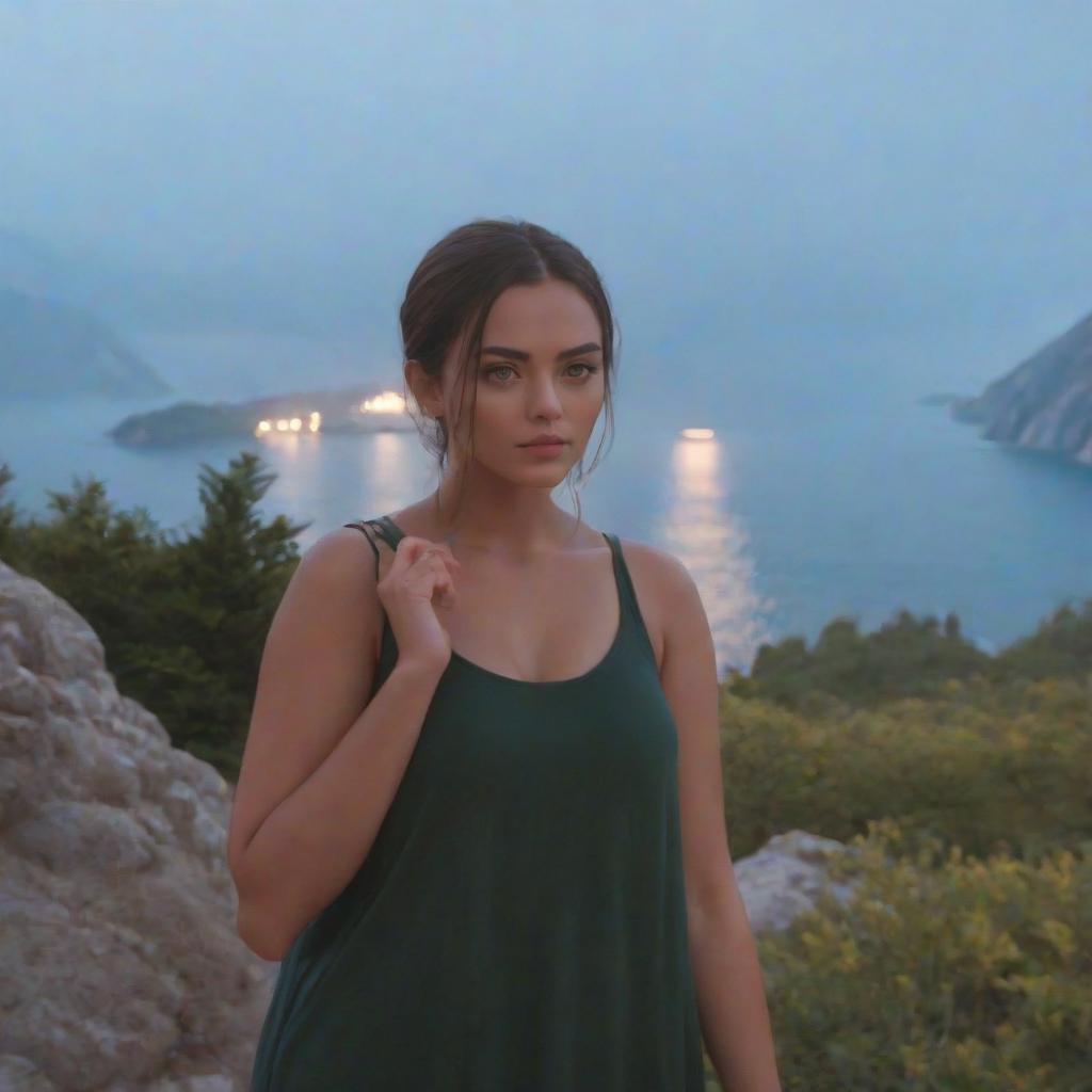  A girl against the backdrop of mountains and sea. hyperrealistic, full body, detailed clothing, highly detailed, cinematic lighting, stunningly beautiful, intricate, sharp focus, f/1. 8, 85mm, (centered image composition), (professionally color graded), ((bright soft diffused light)), volumetric fog, trending on instagram, trending on tumblr, HDR 4K, 8K