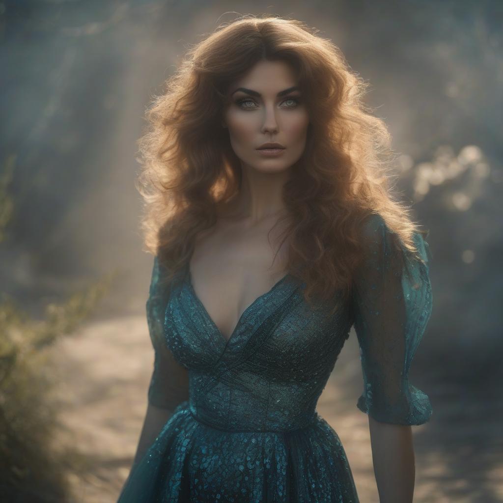  A vintage sad beauty in a black aquamarine dress from the 1970s. hyperrealistic, full body, detailed clothing, highly detailed, cinematic lighting, stunningly beautiful, intricate, sharp focus, f/1. 8, 85mm, (centered image composition), (professionally color graded), ((bright soft diffused light)), volumetric fog, trending on instagram, trending on tumblr, HDR 4K, 8K