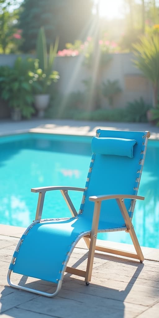  good quality, high quality, a blue lazy chair sits quietly by the sunny swimming pool.