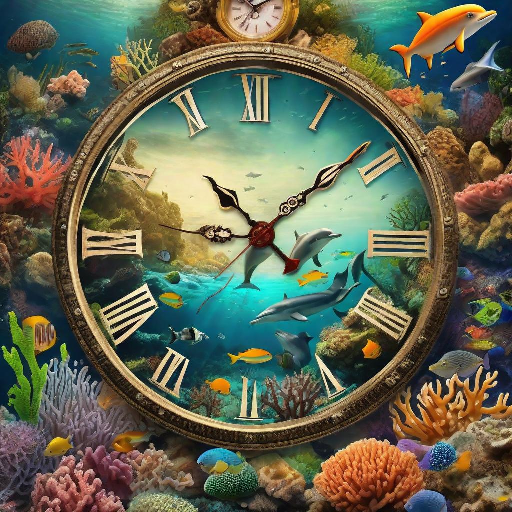  Masterpiece, best quality, beautiful deep sea full of coral, diverse marine life and fascinating underwater landscape, coral, limbs, small fish, anemones, dolphins, various algae, caves, colorful, a 5-minute countdown clock at the top of the picture