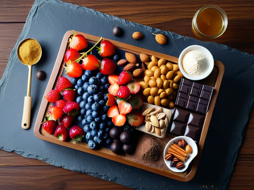  A beautifully arranged flat lay image featuring a variety of vibrant, fresh ingredients commonly used in healthy baking such as ripe berries, nuts, whole grain flour, honey, and dark chocolate, neatly organized on a sleek marble countertop. hyperrealistic, full body, detailed clothing, highly detailed, cinematic lighting, stunningly beautiful, intricate, sharp focus, f/1. 8, 85mm, (centered image composition), (professionally color graded), ((bright soft diffused light)), volumetric fog, trending on instagram, trending on tumblr, HDR 4K, 8K