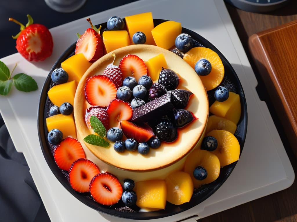  A closeup, ultradetailed image of a perfectly caramelized vanilla Crème Brûlée with vibrant exotic fruits elegantly arranged on top. The golden caramel crust shimmers under the light, showcasing intricate cracks and a glossy finish. The vanilla custard beneath appears creamy and smooth, speckled with vanilla beans, while the exotic fruits add pops of color and freshness, creating a visually stunning and appetizing composition. hyperrealistic, full body, detailed clothing, highly detailed, cinematic lighting, stunningly beautiful, intricate, sharp focus, f/1. 8, 85mm, (centered image composition), (professionally color graded), ((bright soft diffused light)), volumetric fog, trending on instagram, trending on tumblr, HDR 4K, 8K