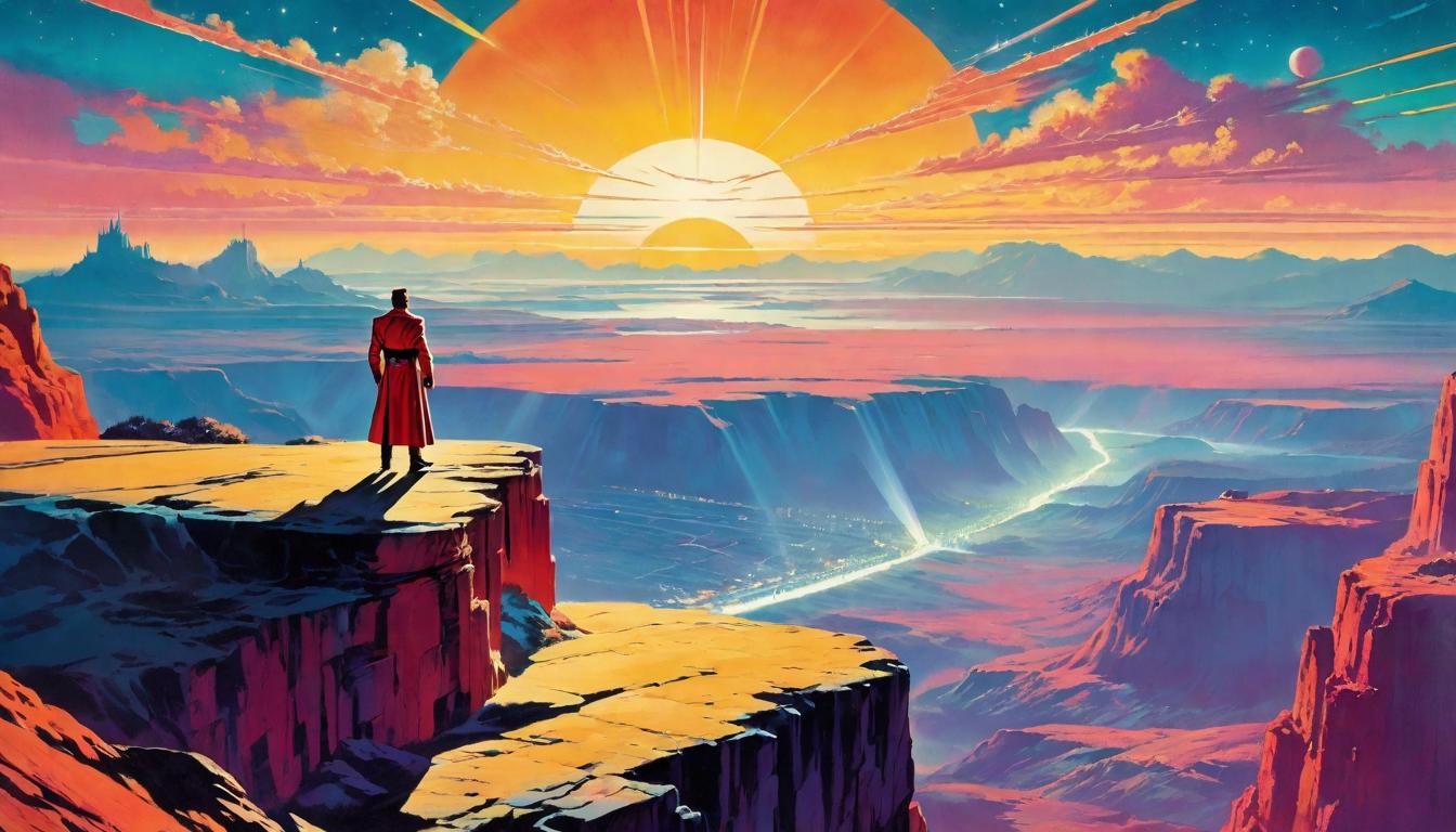  retro futuristic A figure standing at the edge of a cliff, looking out over a vast landscape transformed by the dawn, embodying transformation, pain into power, horizon wide and promising, the first light of opportunity lvintage sci fi, 50s and 60s style, atomic age, vibrant, highly detailed