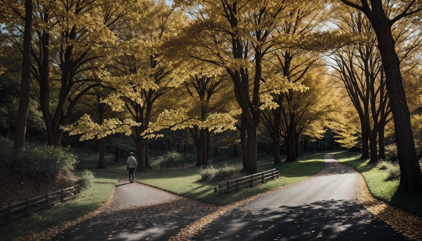  cinematic, aesthetic, A person walking on a winding path through nature, trees with golden leaves, sense of journey, introspection, 4k, HDR, lens flare