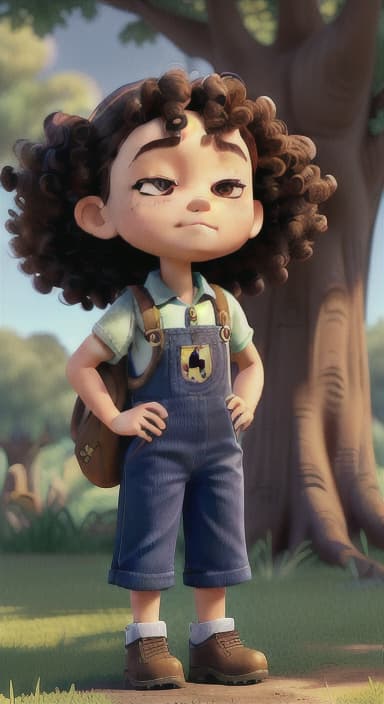  {Riley standing under the tree with eyes closed, making the wish., Riley, a curious with big brown eyes and curly hair, wearing overalls and carrying a small backpack. Their friend, Skye, a bluebird with shiny feathers.