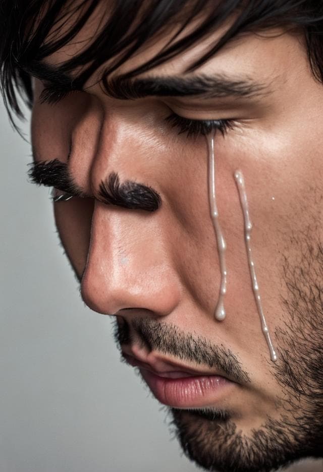 a detailed depiction of a man shedding tears, expressing deep emotions and vulnerability, capturing the profound essence of sorrow and sadness in a poignant moment