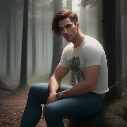  A man dressing jeans and t-shirt , sitting pose, dark forest background, wings on his back, brown short hair, honey eyes, digital art, half painted, brush strokes hyperrealistic, full body, detailed clothing, highly detailed, cinematic lighting, stunningly beautiful, intricate, sharp focus, f/1. 8, 85mm, (centered image composition), (professionally color graded), ((bright soft diffused light)), volumetric fog, trending on instagram, trending on tumblr, HDR 4K, 8K
