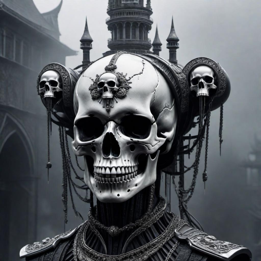  A tower composed of melting skulls, designed in a black and white vector style with realistic details. hyperrealistic, full body, detailed clothing, highly detailed, cinematic lighting, stunningly beautiful, intricate, sharp focus, f/1. 8, 85mm, (centered image composition), (professionally color graded), ((bright soft diffused light)), volumetric fog, trending on instagram, trending on tumblr, HDR 4K, 8K