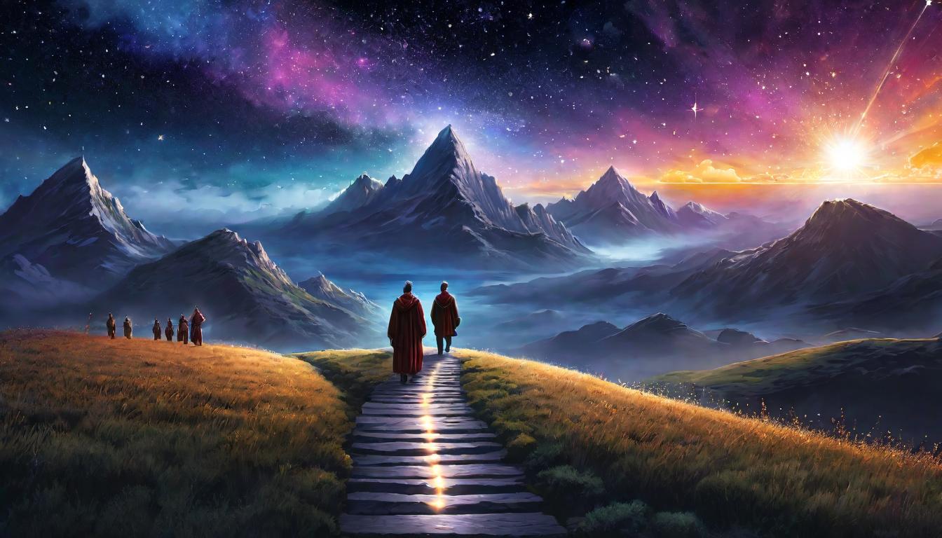  digital illustration A pathway lit by stars, leading a procession of healers towards a glowing horizon, leadership, guided journey, transformative purpose looking at viewer, dynamic pose, (intricate details, masterpiece, best quality)