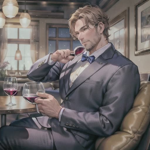  master piece , best quality,A man on his way home from work sits relaxed, a glass of wine in his hand. He appears to be indoors, with warm lighting behind him. The man seems to be thinking about something with a calm expression on his face as he savors his wine.