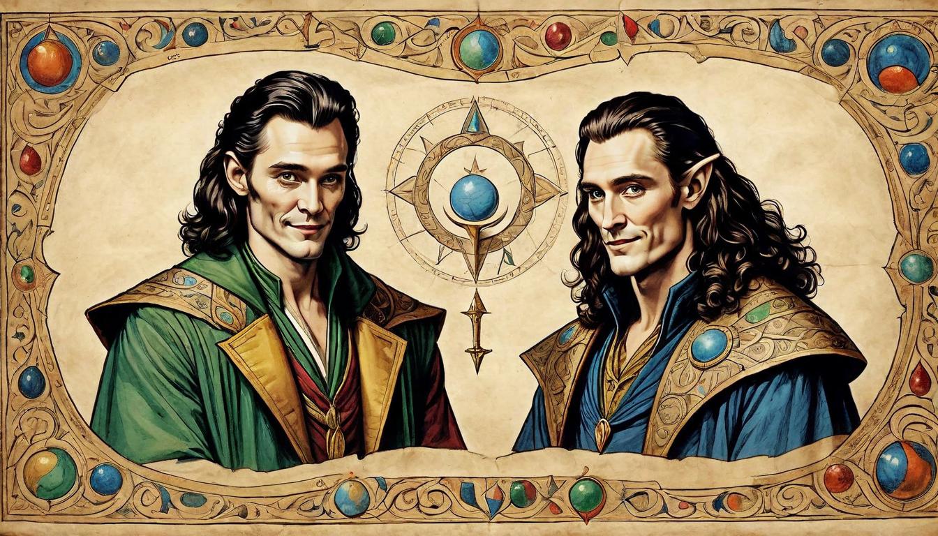  on parchment, surrealism+++, Depictions of Joseph with a multicolored coat and Loki with a sly smile, symbolic representations in an ornate frame, complexity, duality, faith(mysterious, provocative, symbolic,muted color)+++